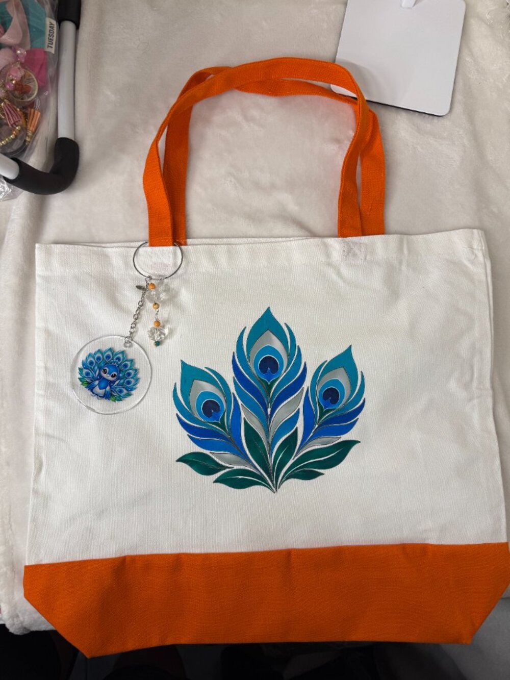 Peacock Feather Tote Bag Set with Matching Pouch & Pen - Picture 2 of 5
